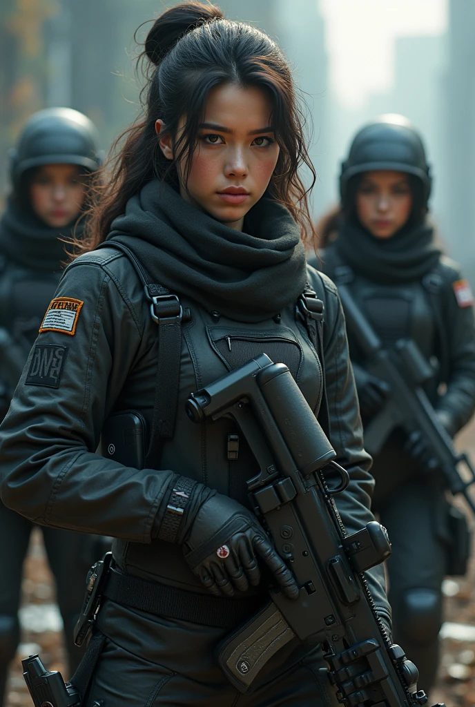 a group of female insurgents in a dystopian world, highly detailed military gear and futuristic design weapons, intense facial expressions, dynamic poses, dramatic lighting, cinematic composition, gritty realistic style, dark color palette, masterpiece, high resolution, 8K