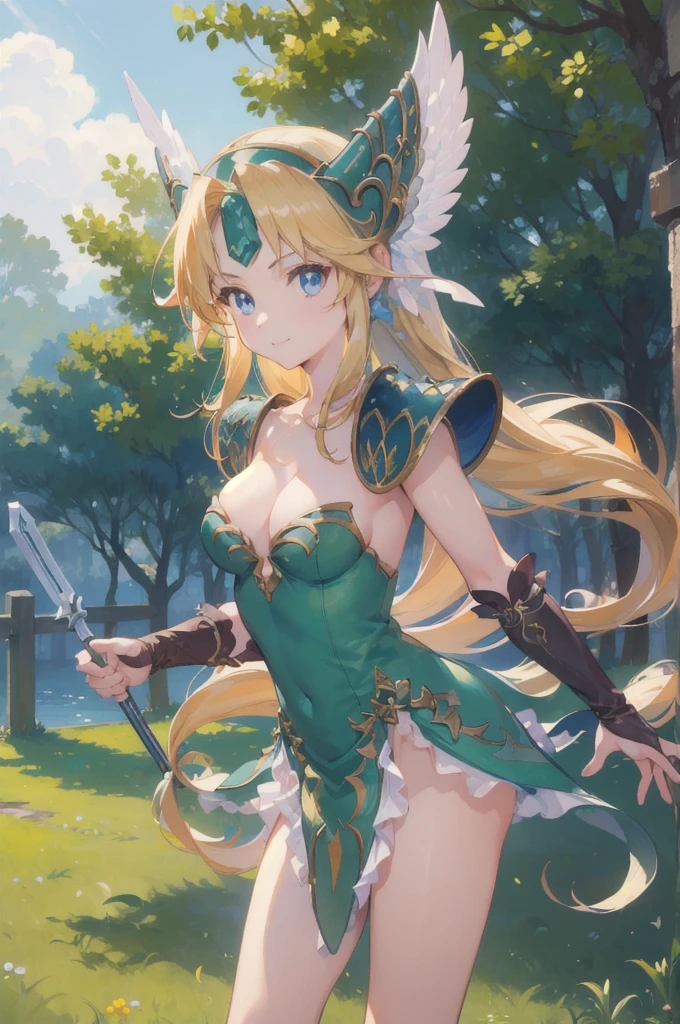 (masterpiece, best quality:1.2), solo, 1girl, Riesz, smile, closed mouth, looking at viewer, , low-tied long hair, winged helmet, dress, armor, shoulder armor, bridal gauntlets, cleavage、Ready your spear、Combat Ready、Trident、