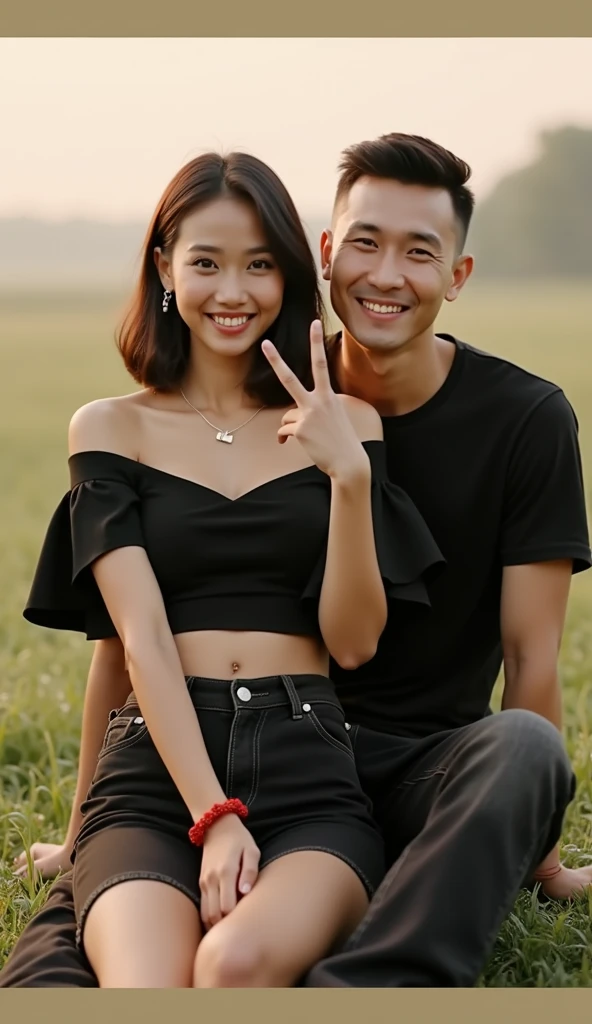 Photo of a beautiful Indonesian woman laughing happily sitting in a field, radiate serenity. Her hair was black and somewhat long in a bob and she was wearing a tight black off-shoulder shirt and short jeans.. One leg crossed over the other, and his arms were placed on her thighs. She wore a red string bracelet on her wrist and made a V-sign with her free hand.. Her clear, piercing brown eyes catch the warm light of the sun at dawn or dusk.. Beside him sat a handsome Indonesian man with short, neatly teased hair, his face clearly visible, wearing a black t-shirt and long jeans., they look at the camera. The soft, out-of-focus farm background adds to the delicate atmosphere of the scene, without any clear indication of a specific location or context. The artist's small signature in 'pupunkhatake' style is on the right.., fashion, cinematic