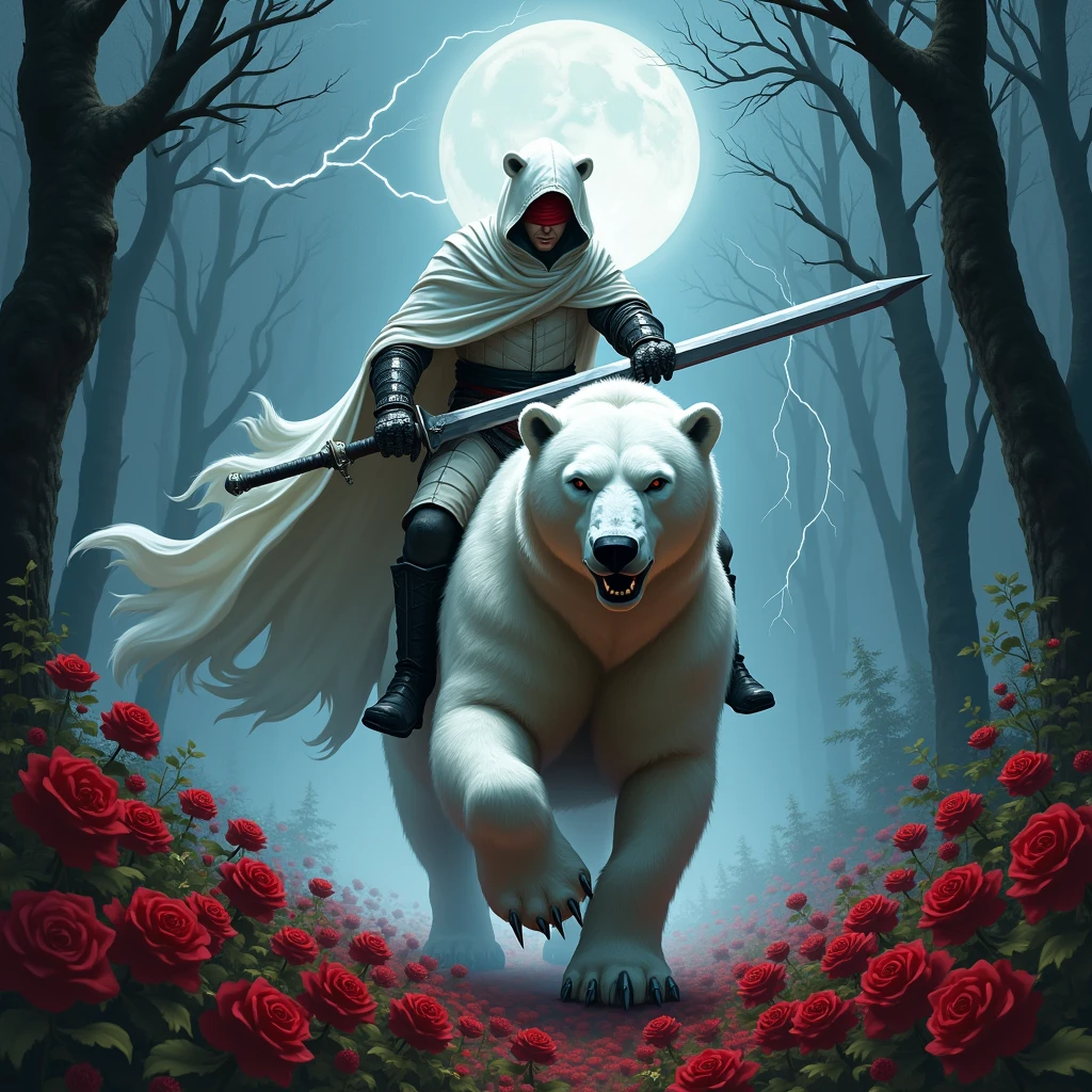 Male knight with a white hood with bear ears wielding a double edge sword is riding a polar bear in a forest while the moon shines, many Roses cover the ground and lightning falls from the sky. The polar bear has black eyes and an aggressive appearance and is. Only the man wears a red blindfold. In the background of the picture is the blood moon. The forest is full of trees with leaves.