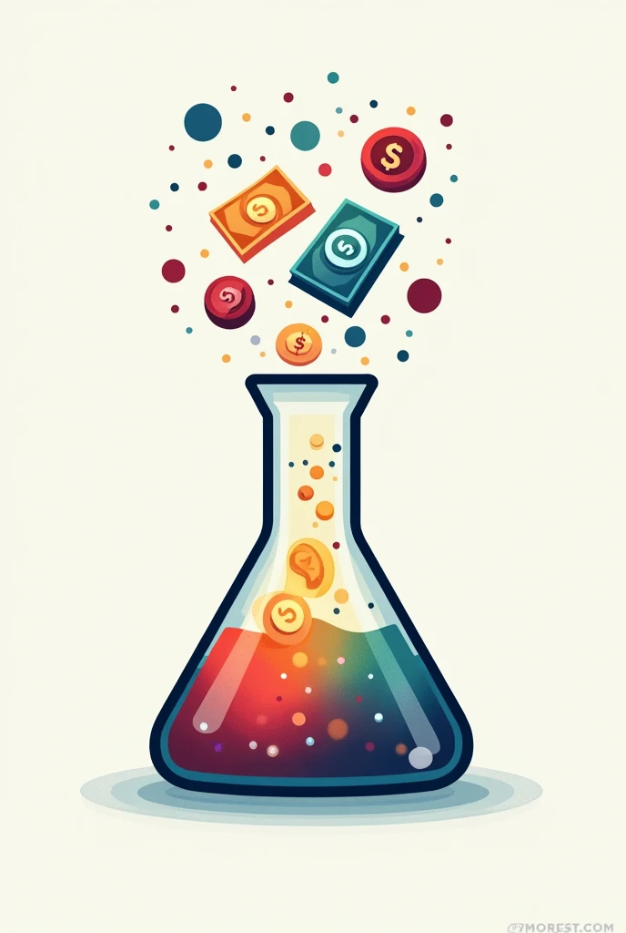 A modern logo design featuring a scientific flask with liquid inside, undergoing a chemical reaction. Money symbols like dollar bills and coins are emerging from the top of the flask, as if the reaction is producing wealth. The design should be clean, professional, and visually appealing, with a focus on the flask and money. Include vibrant colors for the reaction to make it stand out, with a minimalist background to emphasize the main elements. --ar 1:1 --v 5 --q 2 --style 4a