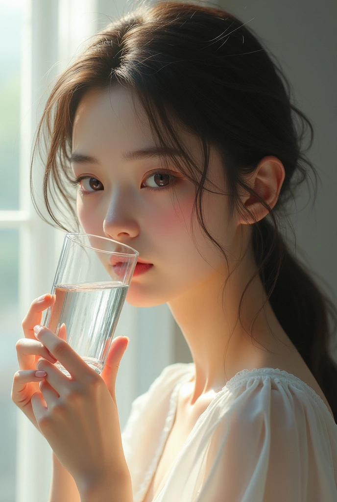 Image illustrating the contamination of drinking water, with a person holding a glass of contaminated water, symbolizing the impact on health.