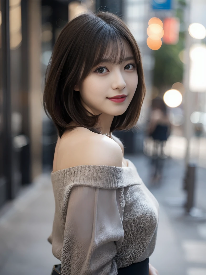 Full Body Shot, Woman with medium black hair, Standing in a city with a blurred background. Wearing an off-the-shoulder grey blouse, necklace, Front view, The left shoulder is slightly lowered. soft, Confident expression. Body facing forward.