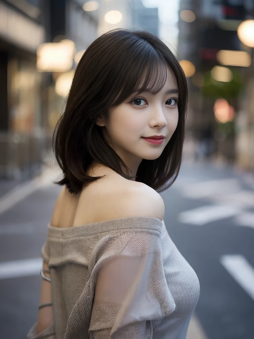 Full Body Shot, Woman with medium black hair, Standing in a city with a blurred background. Wearing an off-the-shoulder grey blouse, necklace, Front view, The left shoulder is slightly lowered. soft, Confident expression. Body facing forward.
