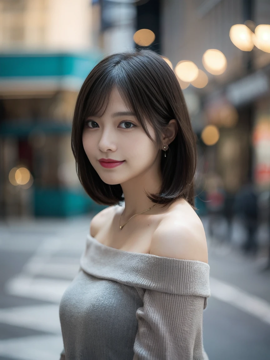 Full Body Shot, Woman with medium black hair, Standing in a city with a blurred background. Wearing an off-the-shoulder grey blouse, necklace, Front view, The left shoulder is slightly lowered. soft, Confident expression. Body facing forward.