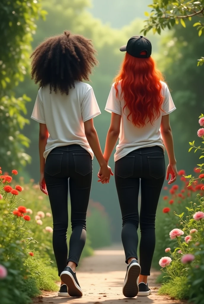 Two women holding hands walking facing forward through a garden, the first girl has well defined and voluminous curly hair, your clothes are black pants, loose white t-shirt and black sneakers, the second girl has long red hair and a cap, your clothes match the first woman