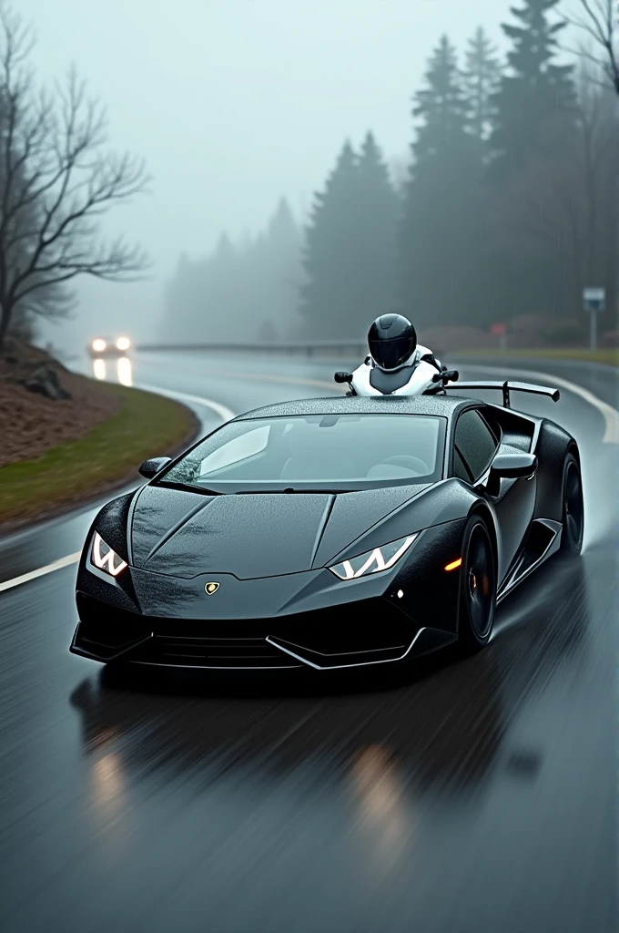 Black Lamborghini Huracan with white super bike in rain on empty road cinematic