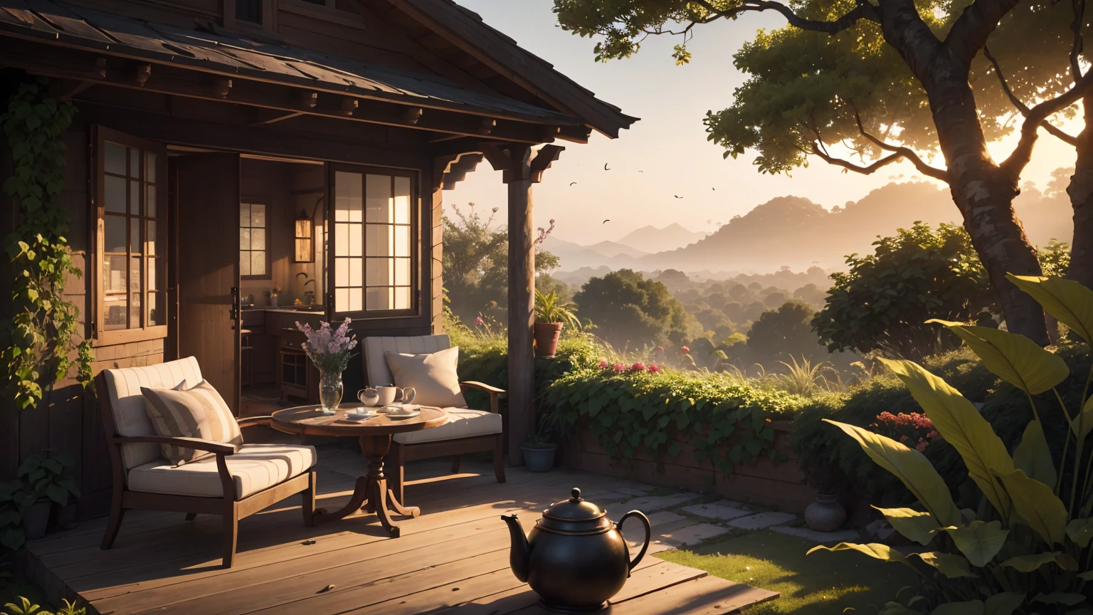 A magical courtyard in front of an elegantly designed house with soft, curved architecture, located by the sea in a lush jungle. A cozy tea setup with delicate porcelain cups and a teapot is placed on a stone table surrounded by flowering plants and ferns, with the sea breeze rustling through the leaves. Enchanting Evening Retreat. Envision a cozy courtyard by a beautiful, fairy-tale house, The house glows with a cozy light, nestled in a garden teeming with diverse flowers and bushes. The garden is alive with colors and textures, from delicate blossoms to thick, leafy foliage. The setting sun bathes the scene in a warm, ethereal glow, with a tea table perfectly placed to enjoy the peaceful ambiance. A cozy tea setup with delicate porcelain cups and a teapot is placed on a stone table surrounded by flowering plants. masterpiece, Best Quality, (highly detailed CG Unity 8k wallpaper), (Best Quality), (Best Illustration), (BEST SHADOWS), surrounded by flowers, delicate leaves and branches surrounded by Fireflies (Natural elements), (Jungle theme), (leaves), (branches), (Fireflies), (particle effects), etc. 3D , Octane Rendering, Ray Tracing, super detailed