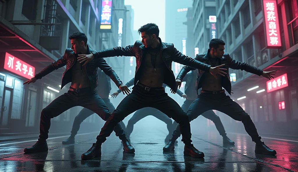 (ultra detailed), cyber punk、Monochrome、 A scene in which members of a male dance group overcome difficulties。
