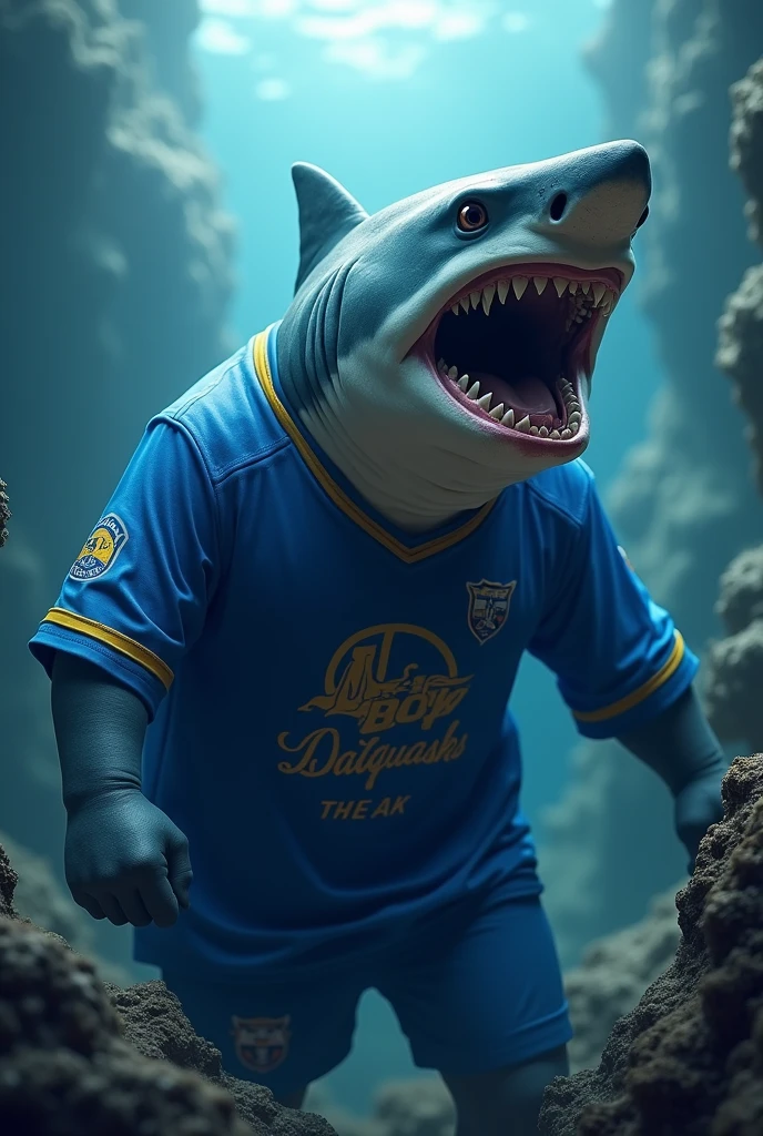 ferocious shark wearing a blue jersey