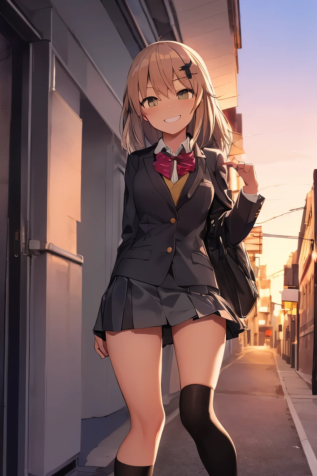 2d, Superb, (Masterpiece), (Full length),(One female:1.6),(Shiny bronze hair:1.6), (Straight medium hair:1.6),Round face ,(school uniform, brown blazer:1.3,Black knee-high socks:1.3,Ronfar:1.3), JK,Slender figure ,Glossy legs,Star-shaped hair ornament,smile, evil grin,after school,On the way home,evening,dusk