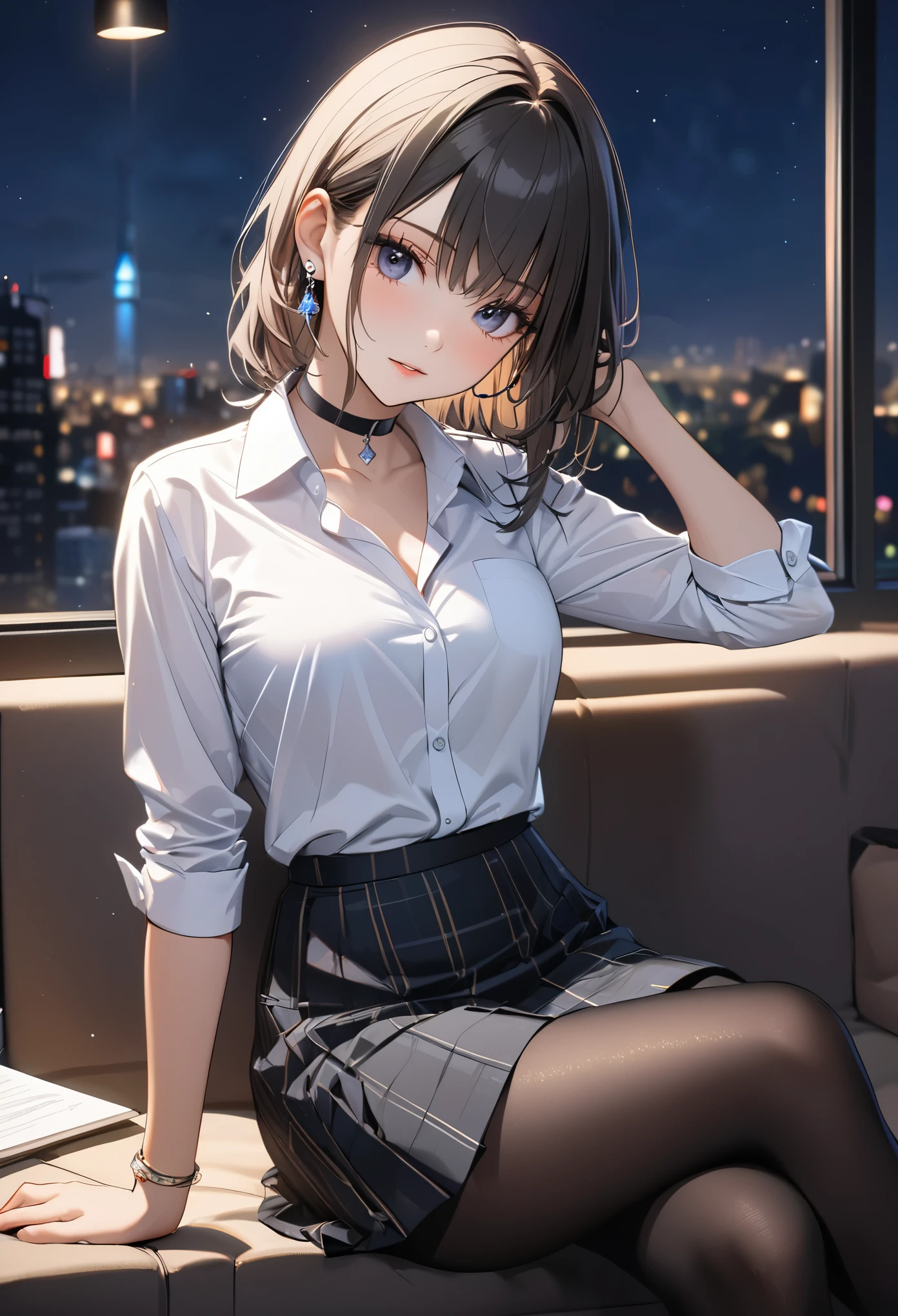 Highest quality, wonderful_delicate, Super detailed, beautiful, 8k , One girl, Sitting, Business shirts, skirt, Earrings, choker, black tights, Nod, night