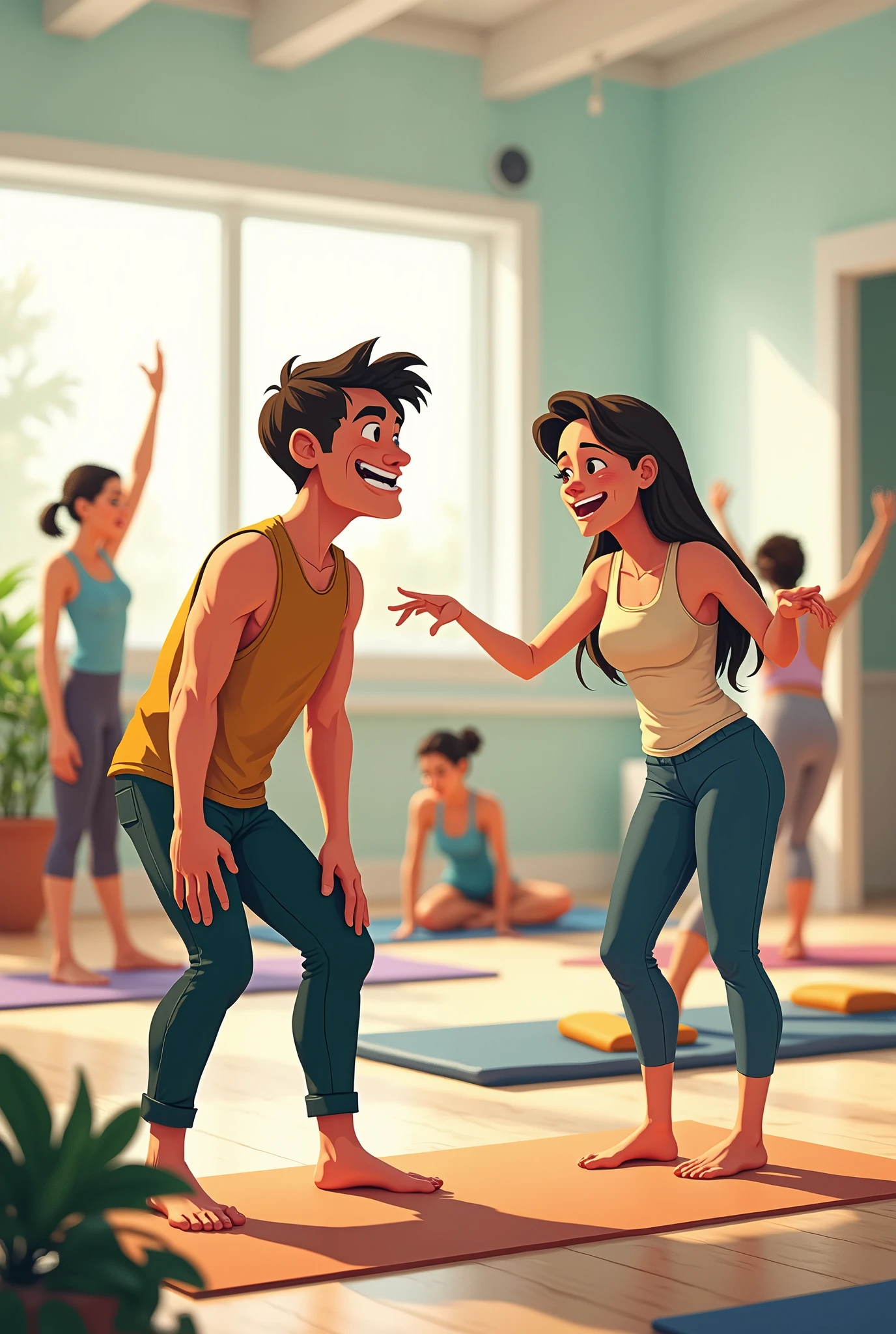 Illustrate a humorous yoga class scene where an adult man is struggling to do a difficult yoga pose, trying hard to touch his toes, but his expression shows frustration and determination. Nearby, a female instructor with a playful smile comments with a teasing gesture, suggesting even touching his chin with his knee might be impossible. The background shows other students balancing with ease, creating a light-hearted, funny atmosphere with a mix of yoga elements and exaggerated expressions to em