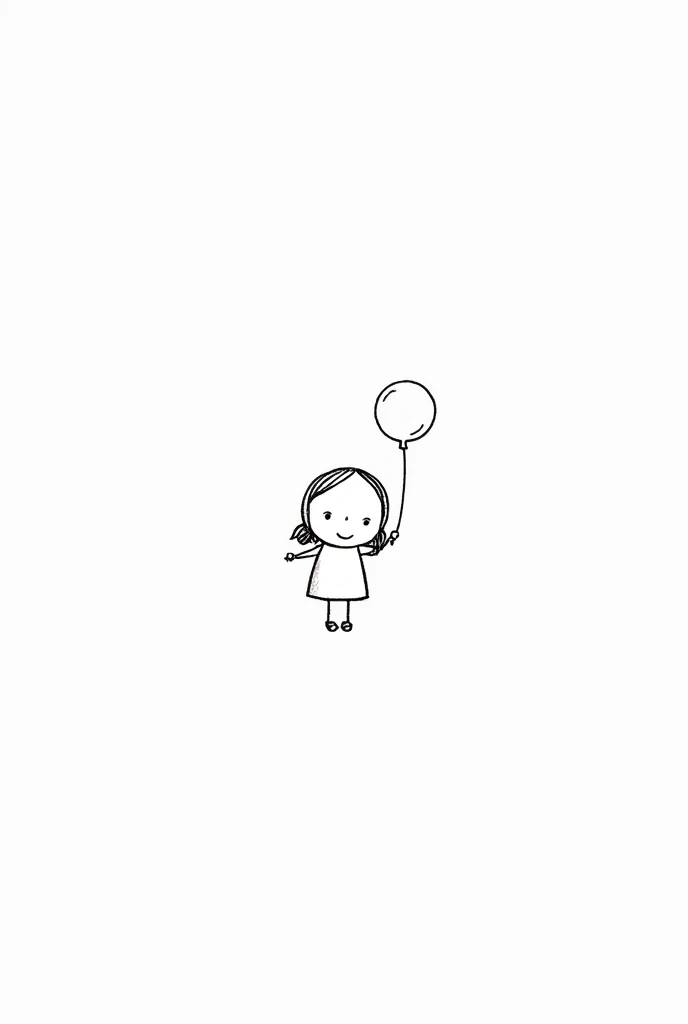 （Most of the background is solid white color.），Simple little cute cartoon girl, doodle, minimalist, black and white, , holding a balloon