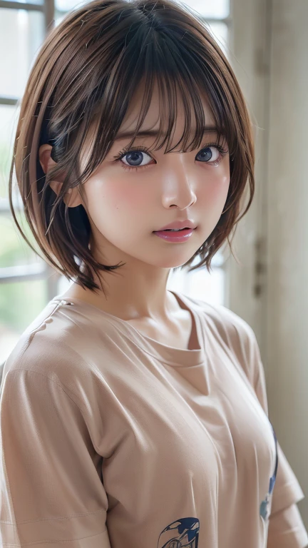 (8k, Photorealistic, RAW Photos, Best image quality: 1.4), Japanese girl、Short Bob、Super detailed face、Eye on the details、double eyelid、Sharp focus:1.2、Beautiful woman:1.4、Light brown hair、Highest quality、masterpiece、Ultra-high resolution、(Photorealistic:1.4)、Highly detailed and professionally lit smiles、(OversizedTshirt:1.5)、blush、Open your mouth a little、Watery eye、amount、erect nipples、Thighs