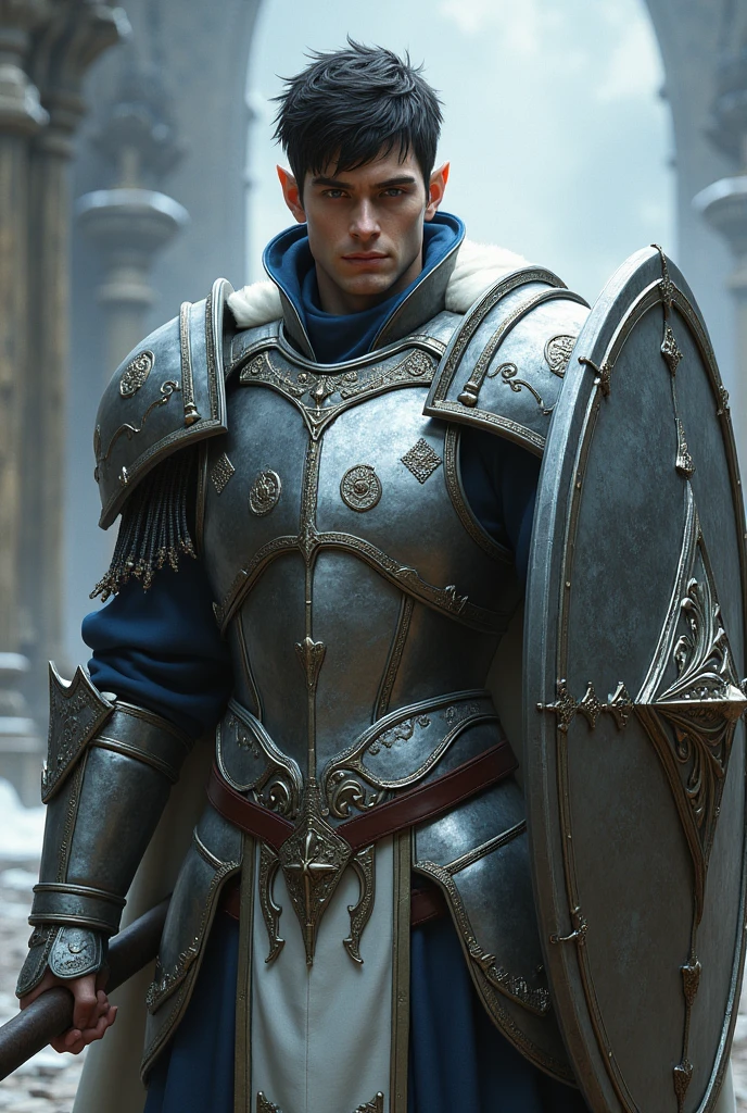 Male elf dark short hair White skin dark blue eyes no beard with silver heavy armor , Mace and tower shield