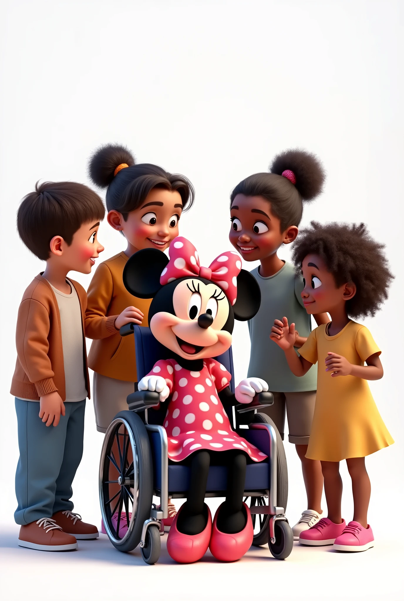 Draw for me Minnie Mouse Disney in a wheelchair with several children feeling included among them Disney Pixar style with a white background