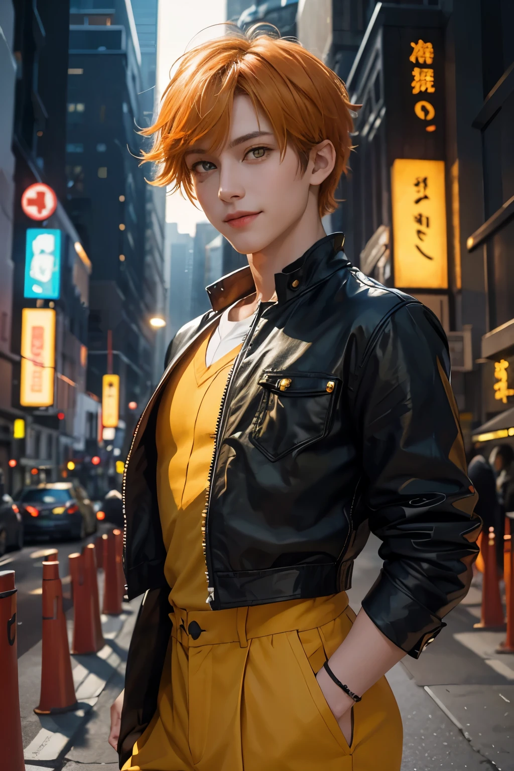The Boy of、beautiful、Yellow-green eyes、Orange short-haired、Slanted Eyes、Dark clothing、City of night、High resolution, smile, Stylish