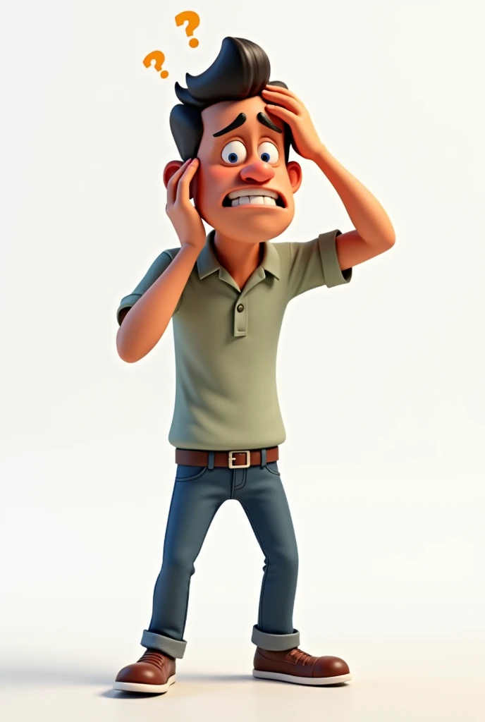 a disney pixar 3d cartoon of a desperate man with his hand on his head, Sem saber o que fazer. white background 
