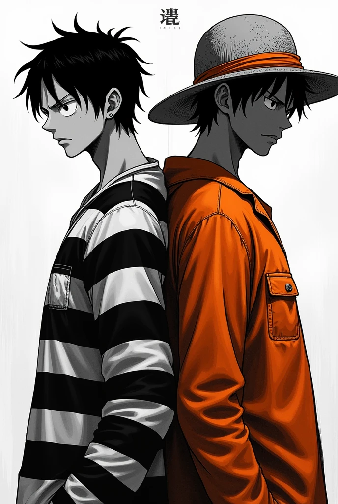 Monkey D. Luffy in a black and white striped long-sleeved prison uniform and Monkey D. .... Luffy in orange long-sleeved prison uniform