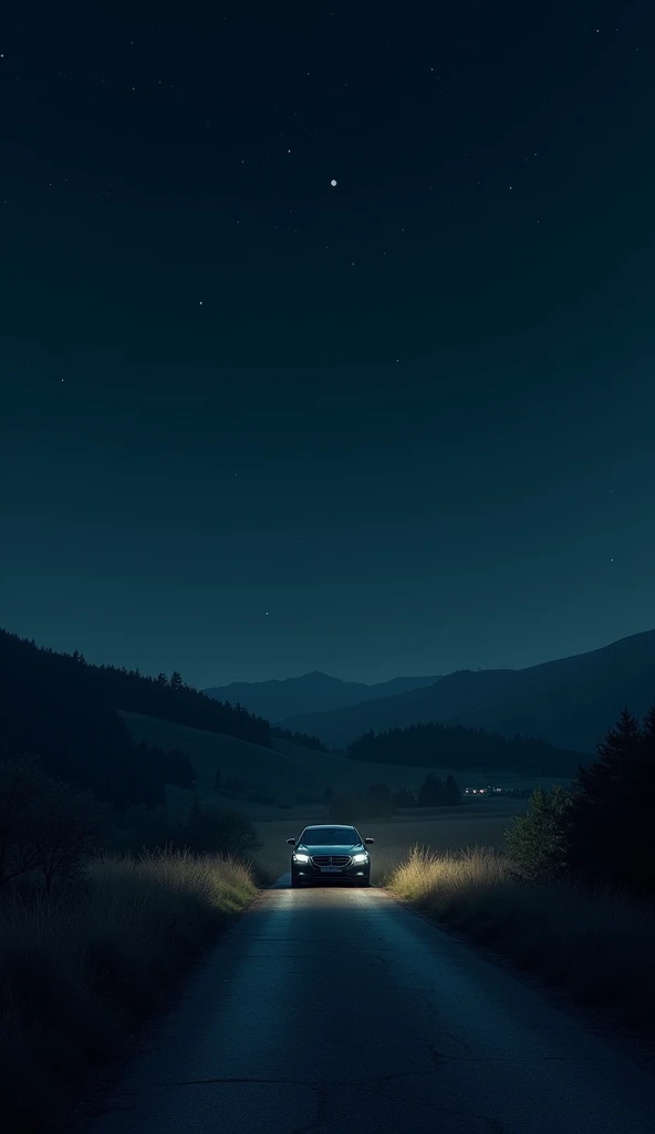 Car parked on the side of a deserted road towards the countryside In the middle of the night