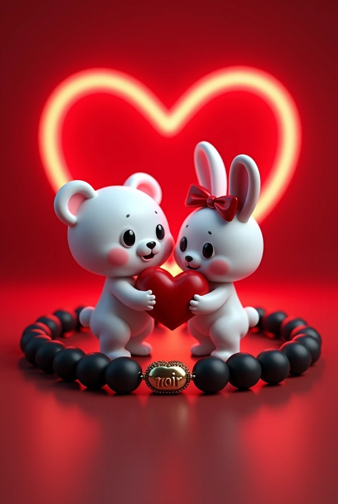 A 3D render of a white teddy bear and a white bunny rabbit wearing a red bow holding a red heart, are standing on a black beaded bracelet with a word "NOIR" charm. The bracelet is sitting on a dark red surface with a neon red heart shape in the background.  The image is in the style of a cute cartoon.