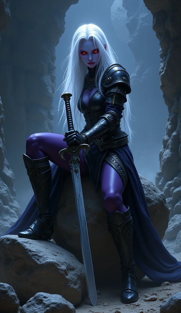Drow female from baldur's gate, best quality, ultra-detailed CG unity 8k wallpaper, sitting on a boulder, high resolution, dynamic pose, beautiful face, (dark platemail armor, red eyes), depth of field, dark setting, night, underground, no light), (high fantasy) (white Hair, long flowing hair), light violet skin, wielding a claymore