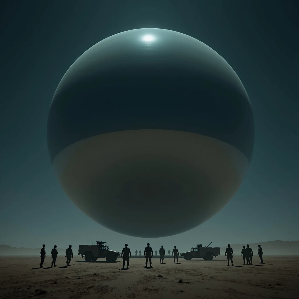 A massive smooth mirror-surfaced sphere hovers silently above the desert floor at night, military vehicles and soldiers cluster underneath the sphere, photo realistic