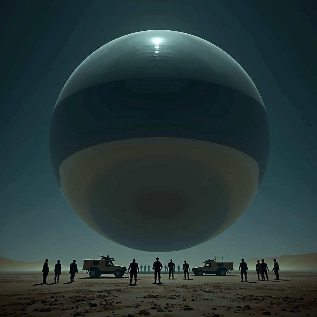 A massive smooth mirror-surfaced sphere hovers silently above the desert floor at night, military vehicles and soldiers cluster underneath the sphere, photo realistic