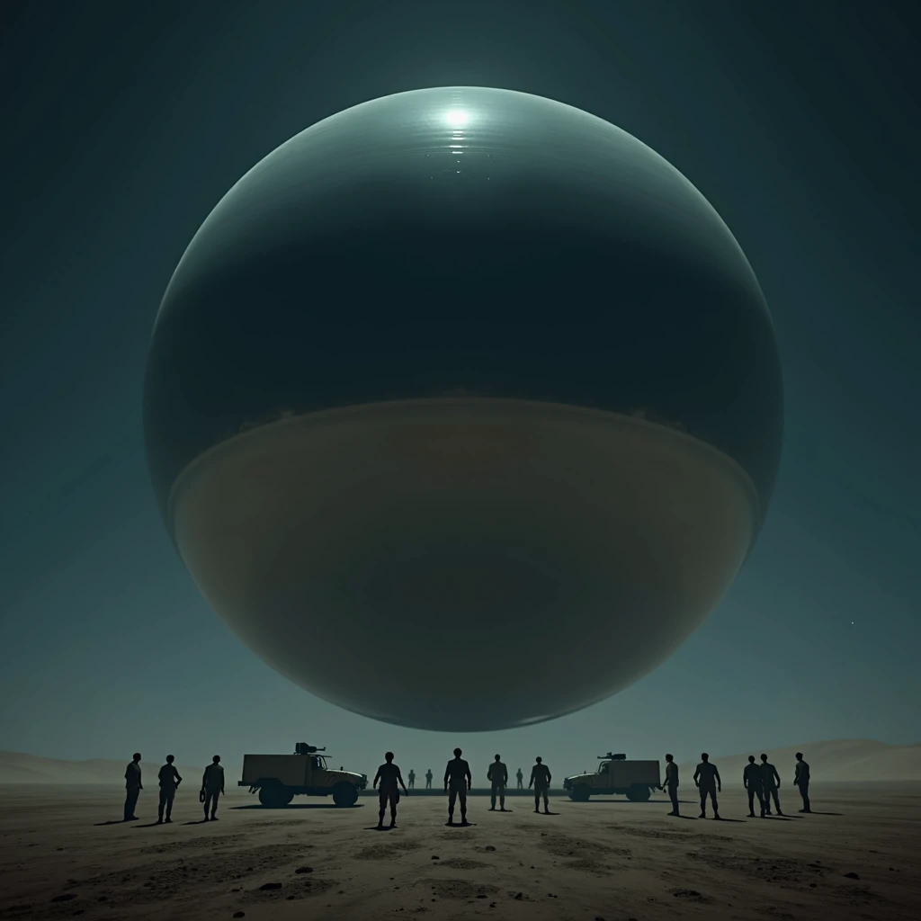 A massive smooth mirror-surfaced sphere hovers silently above the desert floor at night, military vehicles and soldiers cluster underneath the sphere, photo realistic