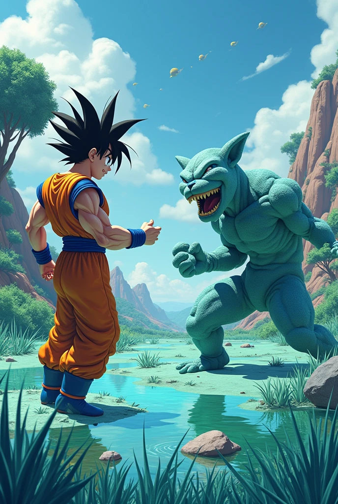 Make a planet where the straw is blue and the water is green (The trees are also blue*
The water is green, Goku appears, unleashes all his ki and transforms into SSS, a clay villain attacks him but instead stains him and Goku laughs