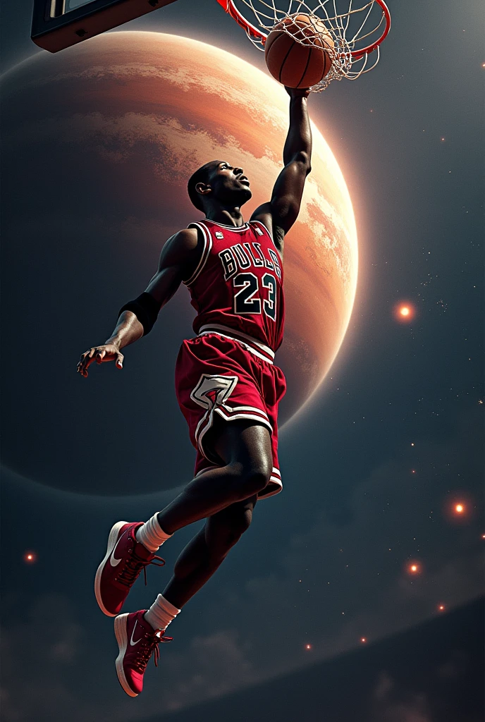 Michael Jordan qui dunk avec une planète à la place du ballon en arrière plan l'espace