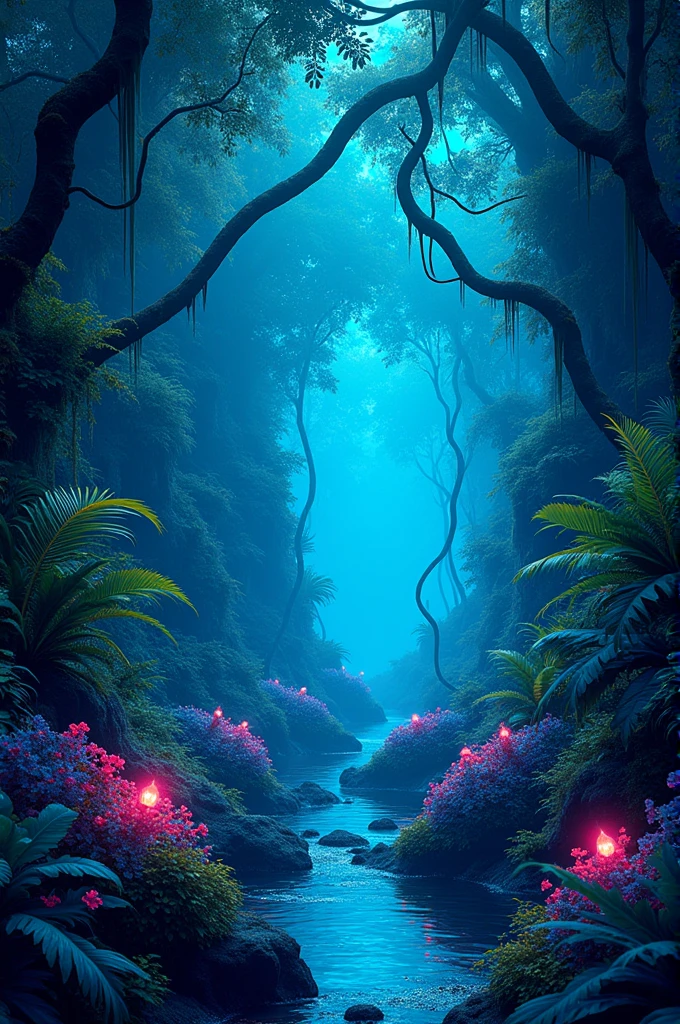 An abstract jungle landscape, using fluorescent blue and green colors that match a barbecue environment