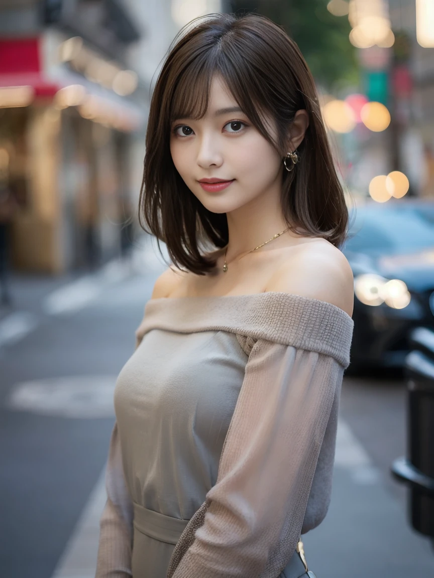 Full Body Shot, Woman with medium brown hair, Standing in the city with a blurred background. She is wearing an off-the-shoulder grey blouse dress., necklace, Front view, The left shoulder is slightly lowered. soft, Confident expression.