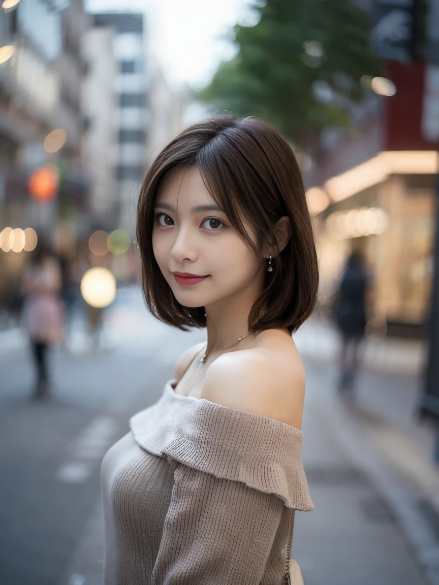 Full Body Shot, Woman with medium brown hair, Standing in the city with a blurred background. She is wearing an off-the-shoulder grey blouse dress., necklace, Front view, The left shoulder is slightly lowered. soft, Confident expression.
