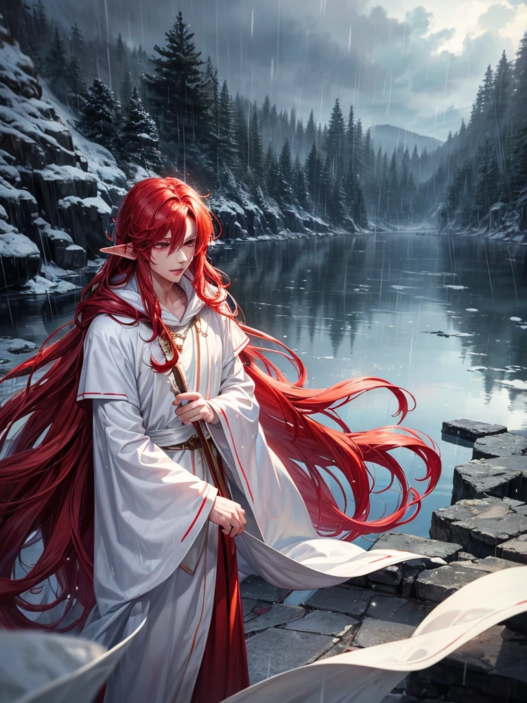 1 male, adult male, elf, red hair, long hair, red eyes, white clothes, long white cloak, plump lips, straight nose, cloudy sky, rain, wet hair, wet clothes, detailed background, deep blue lake