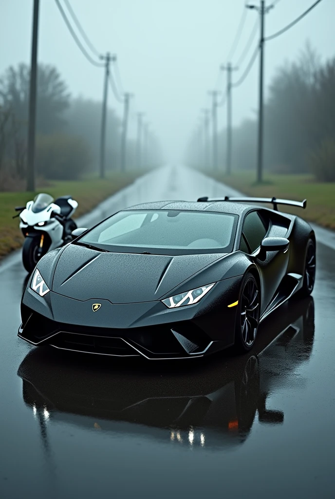 Black Lamborghini Huracan with white super bike standing  in rain on empty road cinematic 