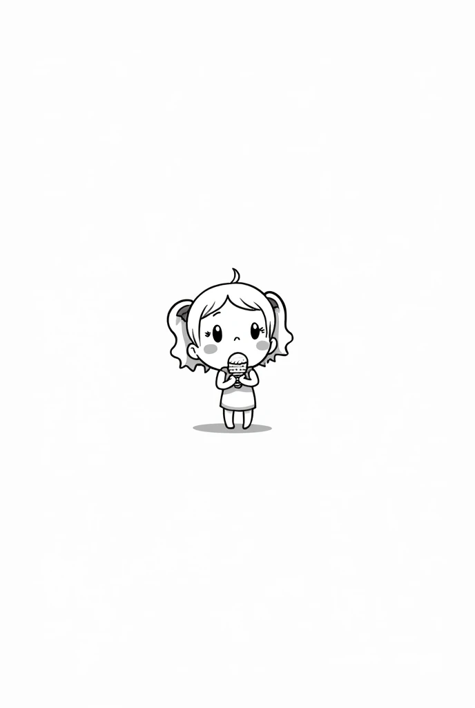 (Most of the background is solid white color.),Simple little cute cartoon girl, doodle, minimalist, black and white, , eating ice cream