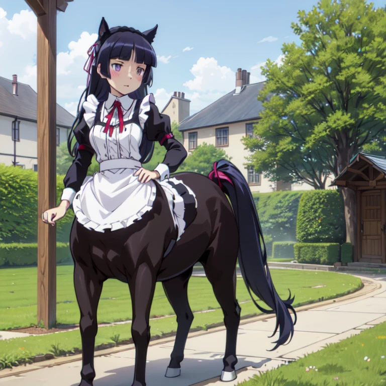 ((centaur)), (taur), (centauroid),  (ruri gokou), woman, alone, Hime cut, Long Hair, Maid clothes, Cat ear, stockings, Black Tail, apronスカート, Long skirt, stockings, apron, Frills, ribbon, collar, cuffs, hoof, palace、garden、blue sky、