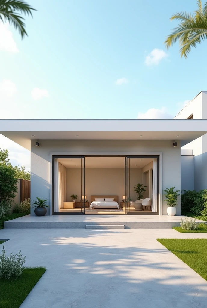 Generate a highly realistic image of a modern single-story house, identical to the one shown, but from a frontal perspective. The house should have clean lines, sharp edges, and the same minimalist architectural design, including the large sliding glass doors and simple facade. Enhance the colors to make them more vibrant, with a fresh coat of paint in a brighter shade of gray, contrasted by pure white trims. The surrounding ground should be transformed into a well-maintained, attractive area with smooth pavement and neatly landscaped garden features. Include some green grass patches or well-placed plants to give the area a lively appearance. The sky should be clear, with warm natural lighting that emphasizes the beauty of the house and its environment, making it perfect for a real estate poster