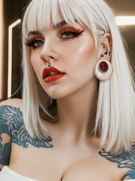 (masterpiece, best quality, photorealistic realistic,) 1 women, blunt bangs, shirt, white shirt, white hair, shiny brown eyes, thin eyebrows, eyelashes, licking lips, lipstick, long hair, looking at viewer, makeup, nose, close mouth, orange background, red lips, single, upper body, arm tattoo, blurred background, close up, chest tattoo, depth of field, makeup, motion blur, shoulder tattoo, tattoo, ear piercing, earrings, stud earrings