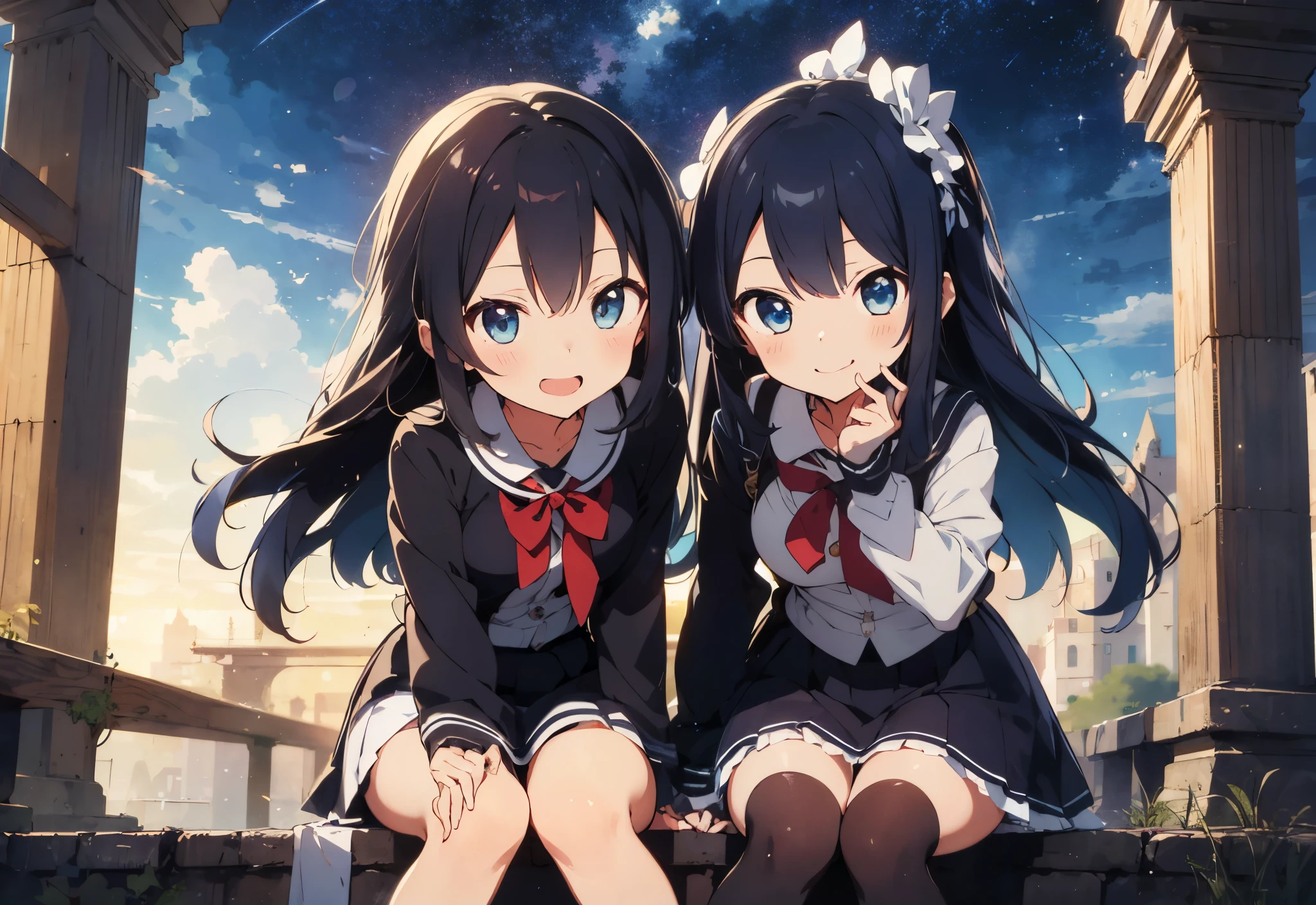 masterpiece, best quality, ultra-detailed,(),sel anime, ,anime moe art style,animated style illustration, (beautiful eyes), ((cute)), cute, (lovely),, , ,,, (lolihighly detailed beautiful face and eyes:1.2), shiny skin, ,ultra high res, absurdres,, official art,
(((2 girls))),Two goddesses sitting back-to-back.,full body,miniskirt,A magnificent palace,smile