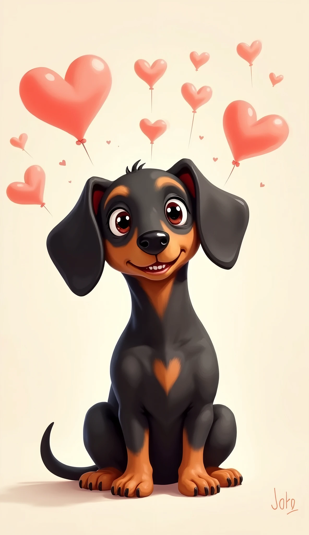 Litlle black dog dachshund sits and sends hearts
