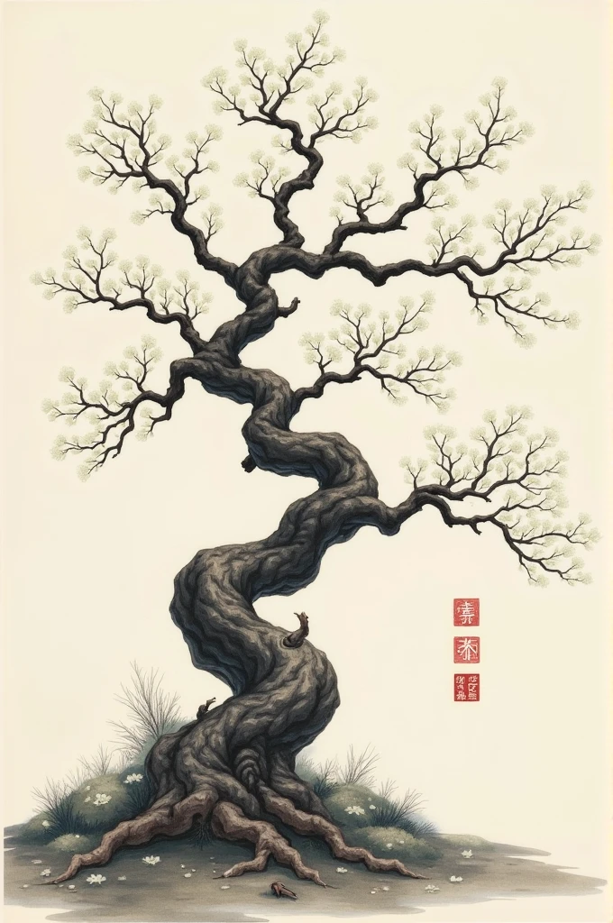 Draw an ancient pear flower branch, rough trunk, blooming white flowers, painted in national painting style