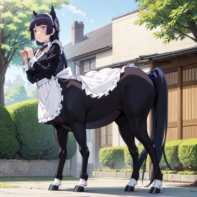 ((centaur)), (taur), (centauroid), (ruri gokou), woman, alone, Hime cut, Long Hair, Maid clothes, Cat ear, stockings, Black Tail, apronスカート, Long skirt, stockings, apron, Frills, ribbon, collar, cuffs, hoof, palace、garden、blue sky、