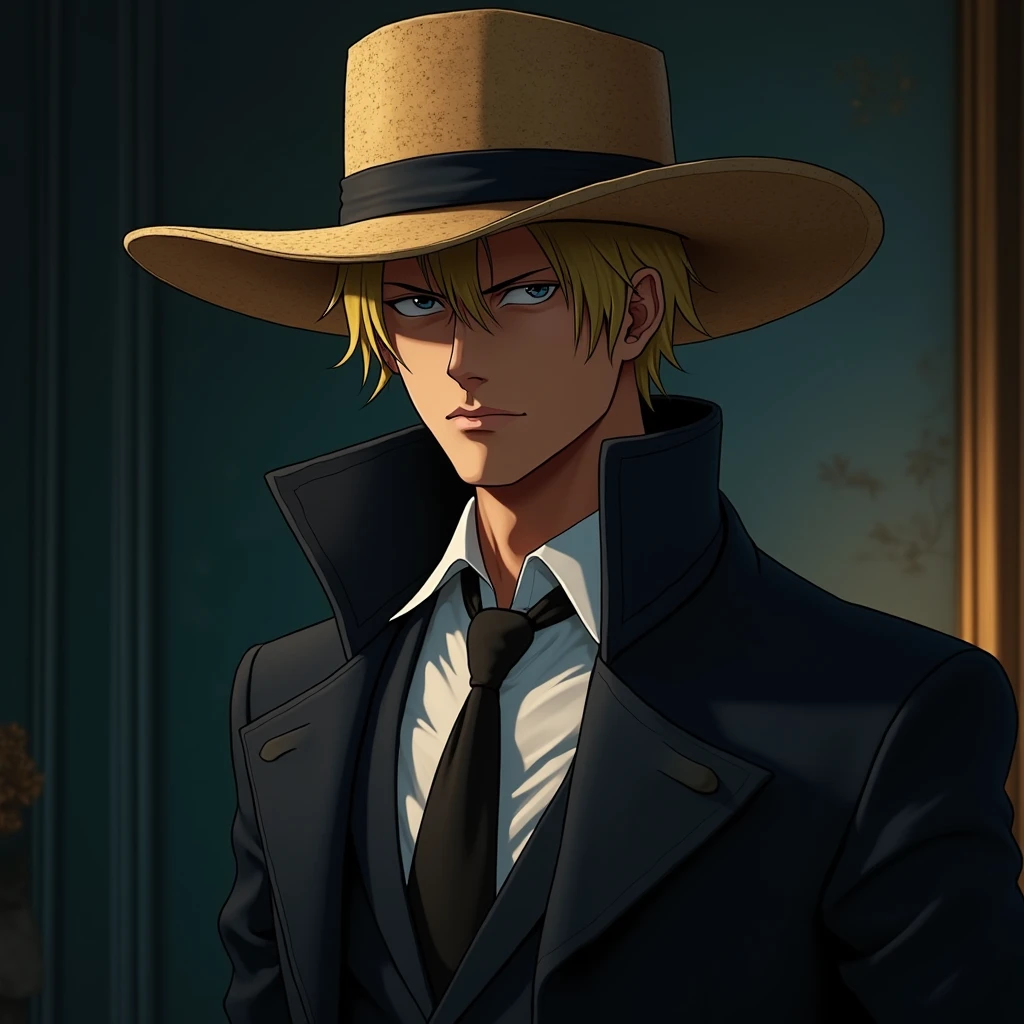 Hyperrealistic Male character Sanji from One Piece art by David Hockney and Alphonse Mucha, fantasy art, Realistic art, dynamic lighting, art-station, volumeric lighting, Highly detailed faces, 8 mil, Full HD, Granted, In the dark, deep shadow, discreet, Cowboy shot, (Official Attire: 1.4)