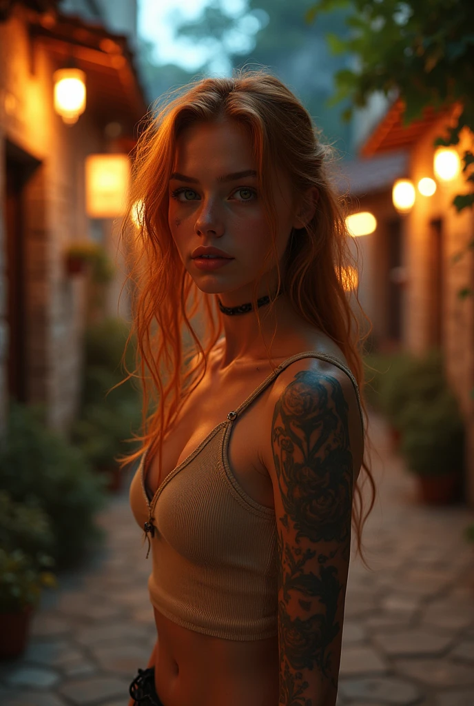 very detailed, 16k high resolution, incredibly detailed image, cinematic, best quality, masterpiece, realistic, detailed face, detailed background, dramatic lighting, girl, not yet 20, alone, beautiful natural reddish blonde, long, straggly and messy wavy hair. Extremely detailed facial expressions with sharp and piercing green eyes. A delicate, slightly cheeky face, subtly made up. She is tattooed and pierced. She has very small breasts and a slim figure., in good shape. A summery outfit in boho style, consisting of a beige mini dress and black ankle-high boots. In a small, medieval alley with a few bars. Evening atmosphere and neon lights.