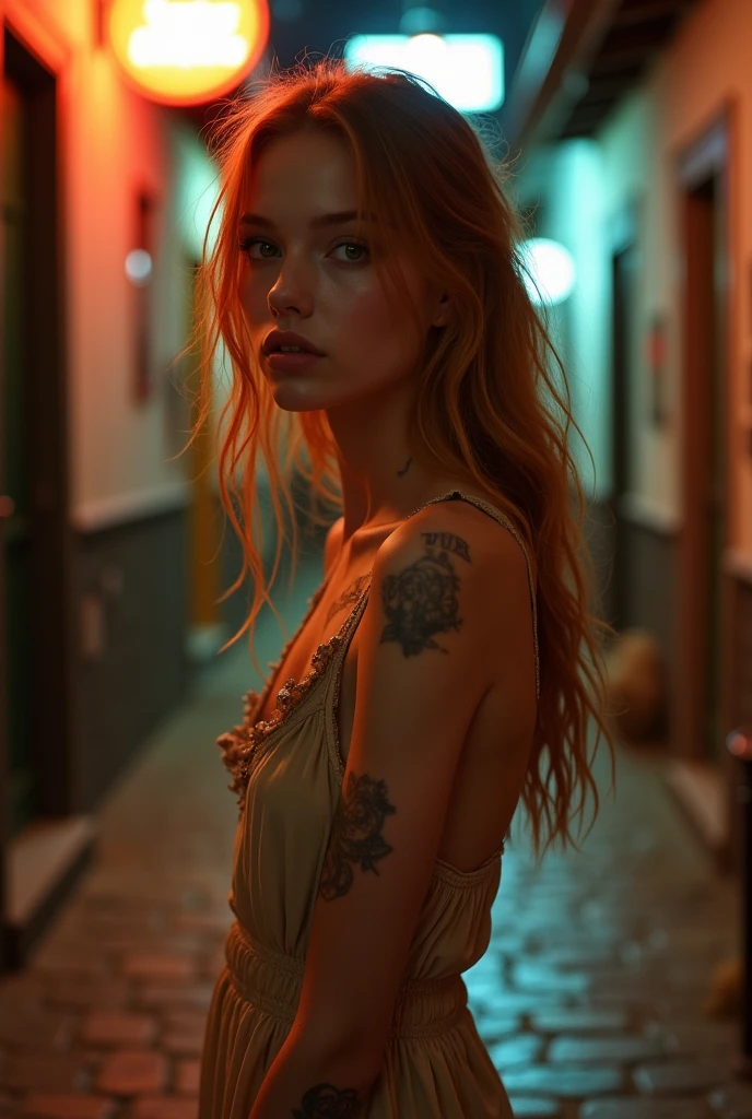 very detailed, 16k high resolution, incredibly detailed image, cinematic, best quality, masterpiece, realistic, detailed face, detailed background, dramatic lighting, girl, not yet 20, alone, beautiful natural reddish blonde, long, straggly and messy wavy hair. Extremely detailed facial expressions with sharp and piercing green eyes. A delicate, slightly cheeky face, subtly made up. She is tattooed and pierced. She has very small breasts and a slim figure., in good shape. A summery outfit in boho style, consisting of a beige mini dress and black ankle-high boots. In a small, medieval alley with a few bars. Evening atmosphere and neon lights.