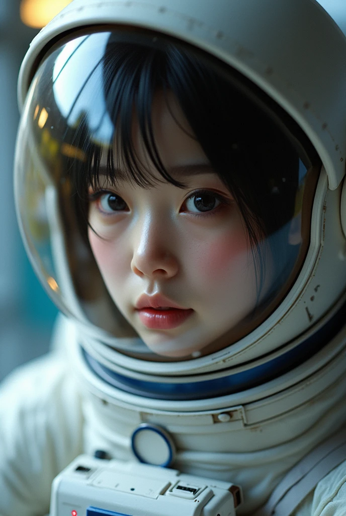 (8k, RAW photo, best quality, masterpiece), (photorealistic), outstanding details, ultra-high resolution, anatomically correct, textured skin, (Extremely precise and accurate anatomy),
Ultra Detailed Face, Detailed Eyes, 

(wide lens effect), (outer space), astronaut, extravehicular activity, EVA, weightlessness, zero gravity, spacewalk, 
(Cute Japanese girl , 20-year-old), large breasts, upper body


(dramatic lighting), cinematic lighting, 
