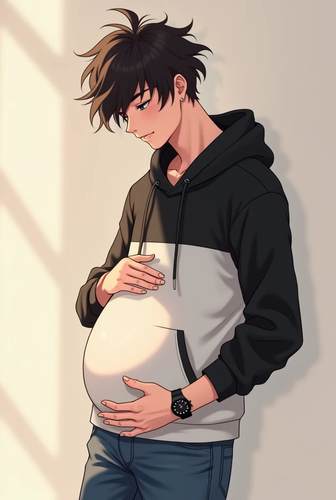 A Cute Handsome Boy 1 boy Wearing white and Black Hoodie and jeans and watch on hand and fluffy hair and 1 month faint baby bump In stomach and hand on stomach..Anime